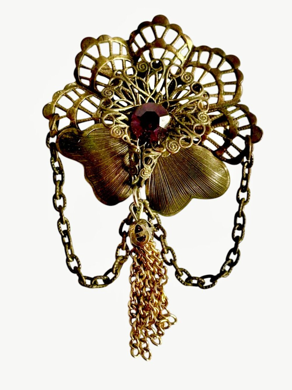 Vintage Victorian Revival Floral Dangly Brooch Pin Purple Stone